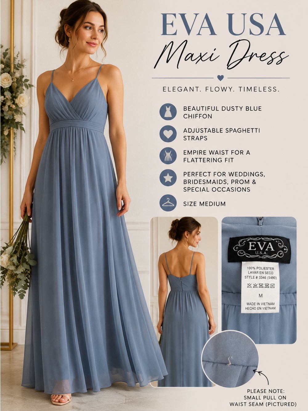 EVA USA Dress - Dusty Blue Chiffon Maxi with Adjustable Straps